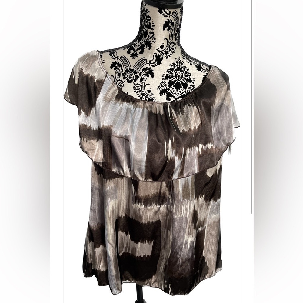 Brown Print Sleeveless Ruffle Layer Blouse Size XL